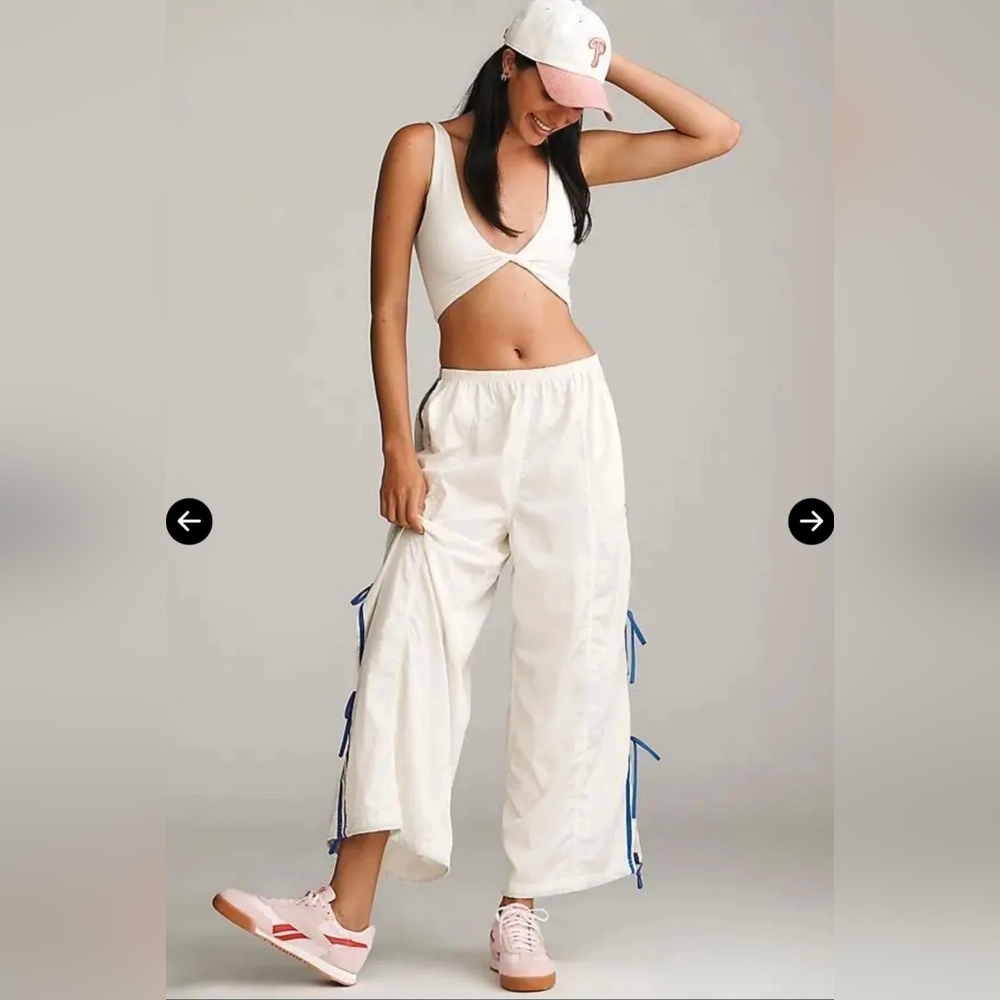 Anthropologie Daily Practice bow line Parachute Style pants Blue/Cream L NWT - Picture 2 of 7